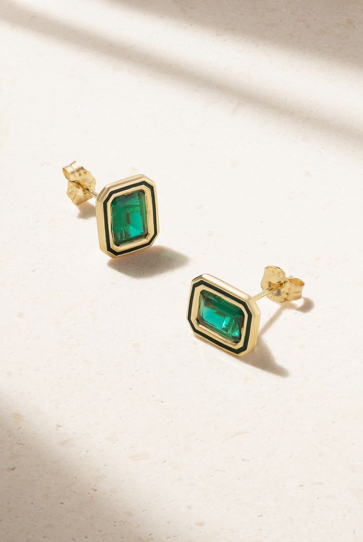 Alison Lou's 'Madison' earrings have the charm of a vintage find. Handmade from 14-karat gold, they're set with baguette-cut, laboratory-grown emeralds encased in the brand's signature tonal enamel. Wear yours solo to keep them in focus. Art Deco Gemstone Earrings For Gift, Timeless 14k Gold Gemstone Earrings, Classic May Birthstone Jewelry Tarnish Resistant, Classic May Birthstone Jewelry, Tarnish Resistant, Art Deco Earrings With Polished Finish, Luxury May Birthstone Earrings For Formal Occasions, Classic May Birthstone Jewelry, Yellow Gold Jewelry With Matching Earrings For May Birthstone, Classic Emerald Earrings For May Birthstone