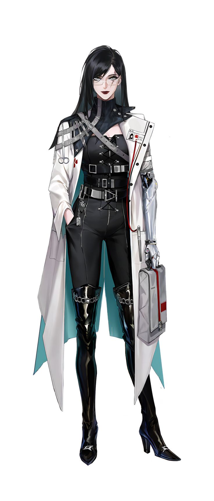 Female Doctor Character Art, Female Suit Art, Female Mad Scientist Character Design, Female Character Design Cyberpunk, Fantasy Doctor Outfit, Scifi Concept Art Character, Female Oc Outfits, Tech Suit Concept Art, Cyberpunk Female Outfit