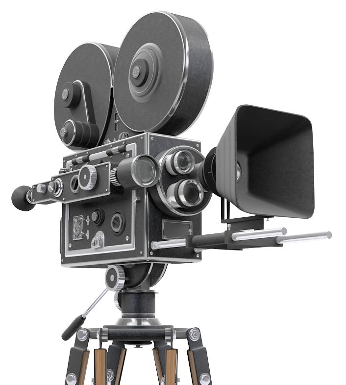 an old fashioned movie camera sitting on top of a tripod in front of a gray background