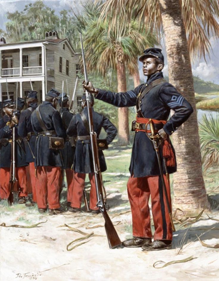 The First South Carolina Volunteers were a Union Army Regiment of the American Civil War composed of escaped slaves from South Carolina and Florida. The regiment was re-designated the 33rd US Colored Infantry on February 8, 1864. They were unique in their designation as black troops fighting for the Union. Marine Corps Art, Don Troiani, Civil Wars, Union Army, American Soldiers, Us History, Military Art, African American History, Military History