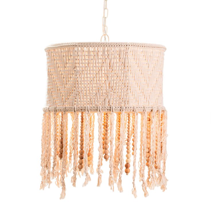 a white chandelier with beads hanging from it's sides and a light fixture in the middle