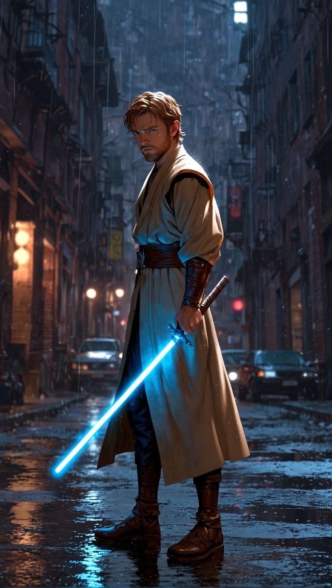 a man in a trench coat holding a light saber standing on a wet city street