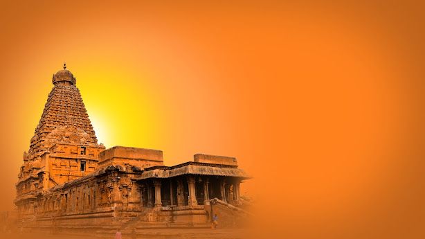 the sun is setting over an ancient temple