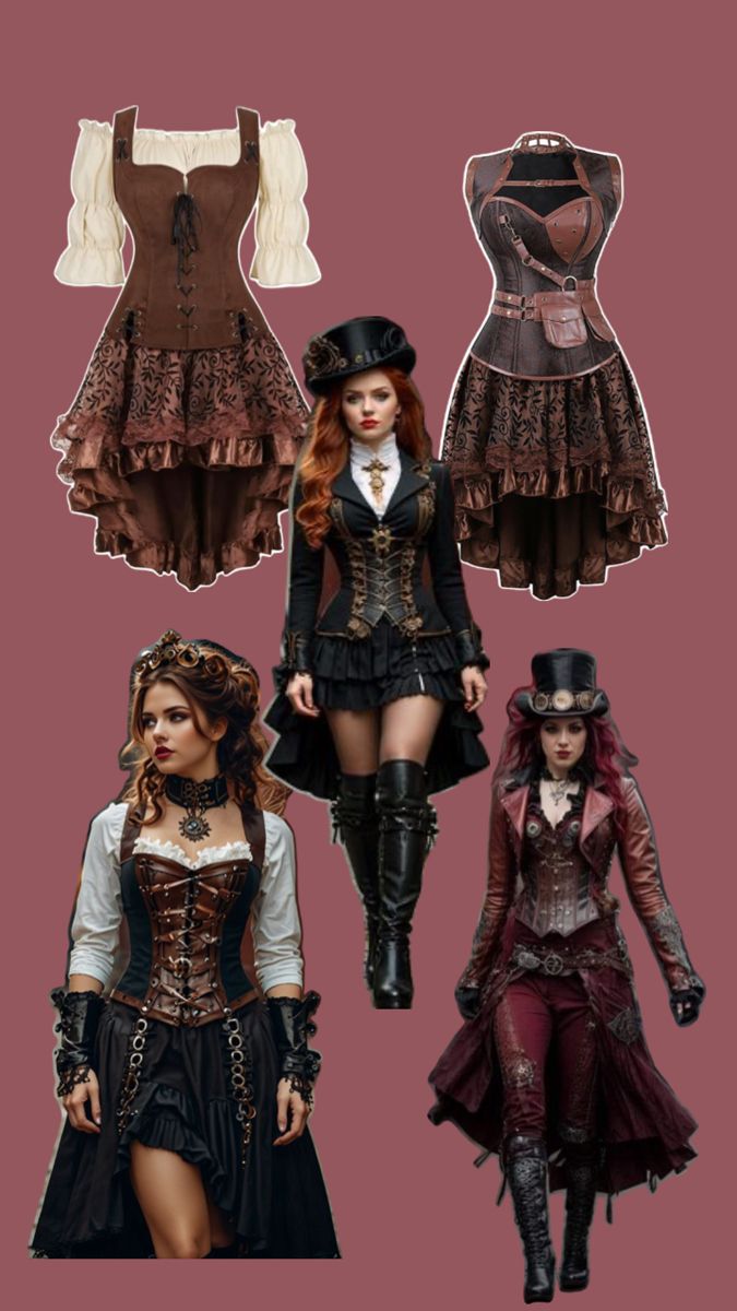 four different types of clothes and hats are shown in this image, including dresses, skirts,