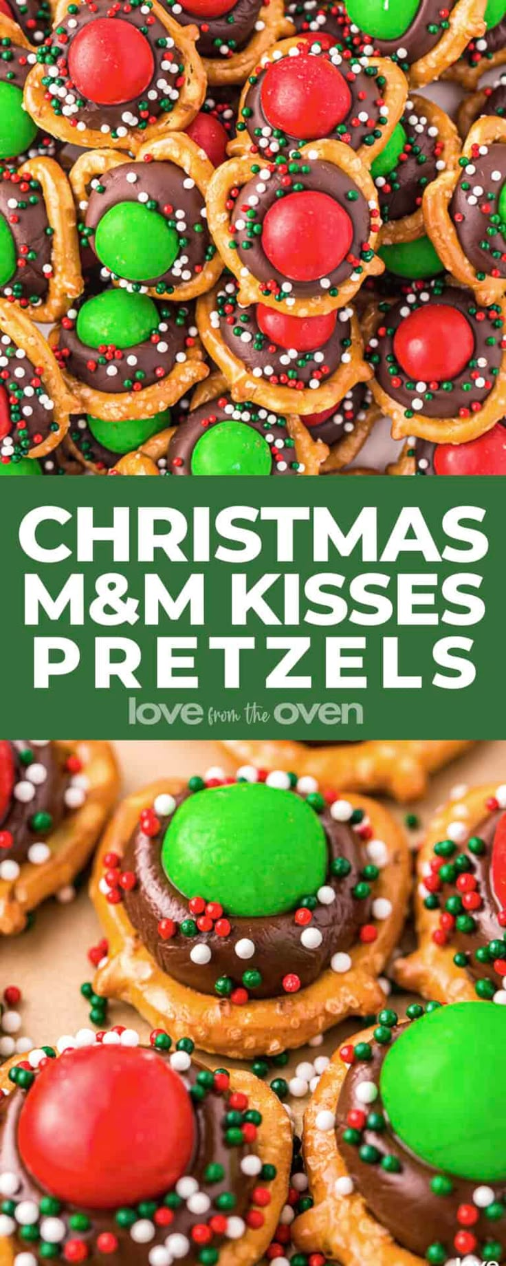 christmas m & m kisses pretzels with green and red frosting on top