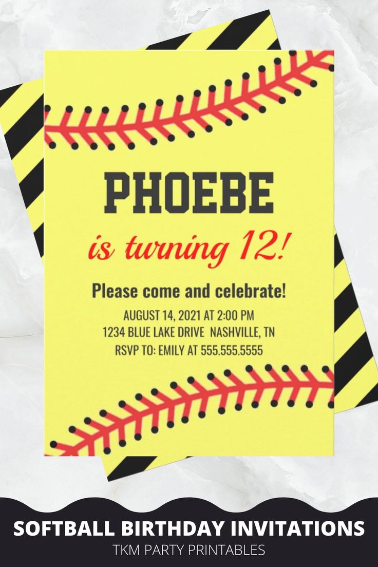 a yellow and black birthday party card with a baseball theme