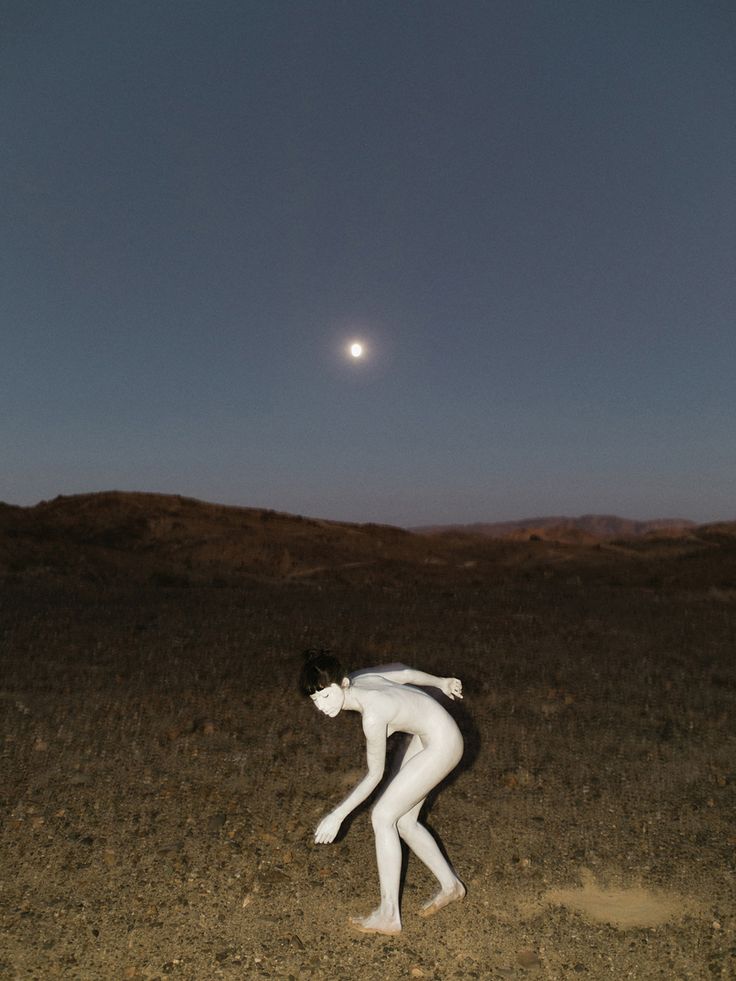 a person standing in the middle of a field with a moon in the sky behind them