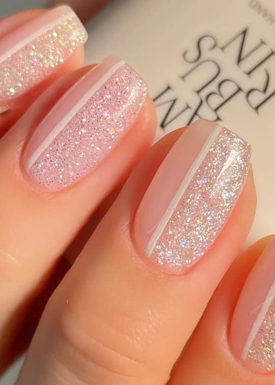 half and half glitter and milky white nails Glitter Neutral Nails, Nail Art Glitter Sparkle, Light Sparkly Nails, Half Glitter Nails, Birthday Glitter Nails, Nail Ideas With Glitter, Milky White Nails With Glitter, Fairytale Nails, Nails For 2023