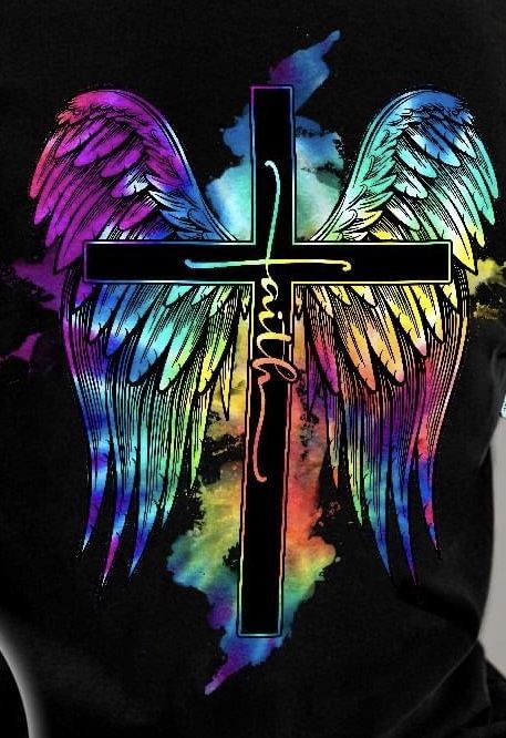 the back of a man wearing a black shirt with colorful wings on it and a cross