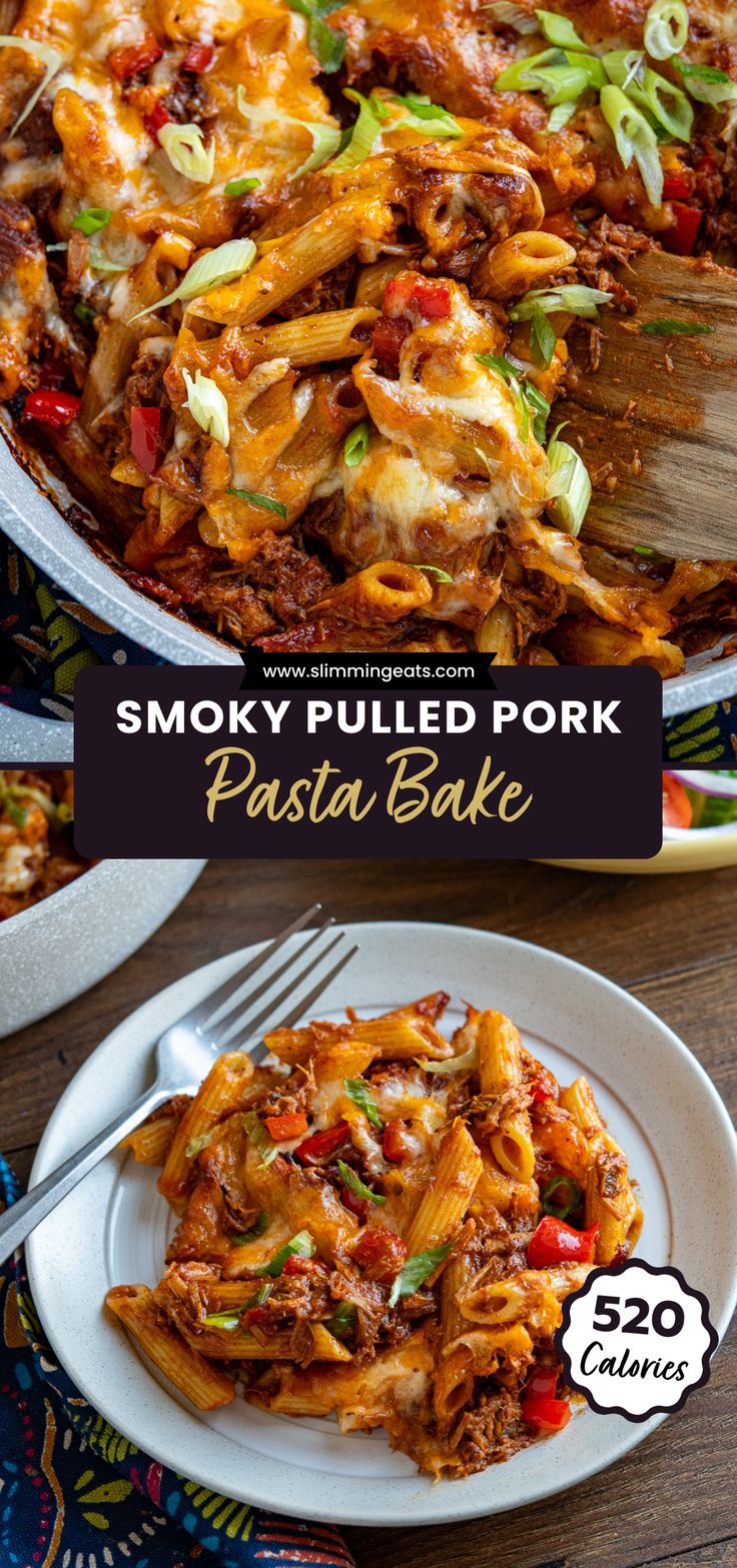 a plate full of pasta with meat and cheese on it, next to a pan filled with lasagna bake