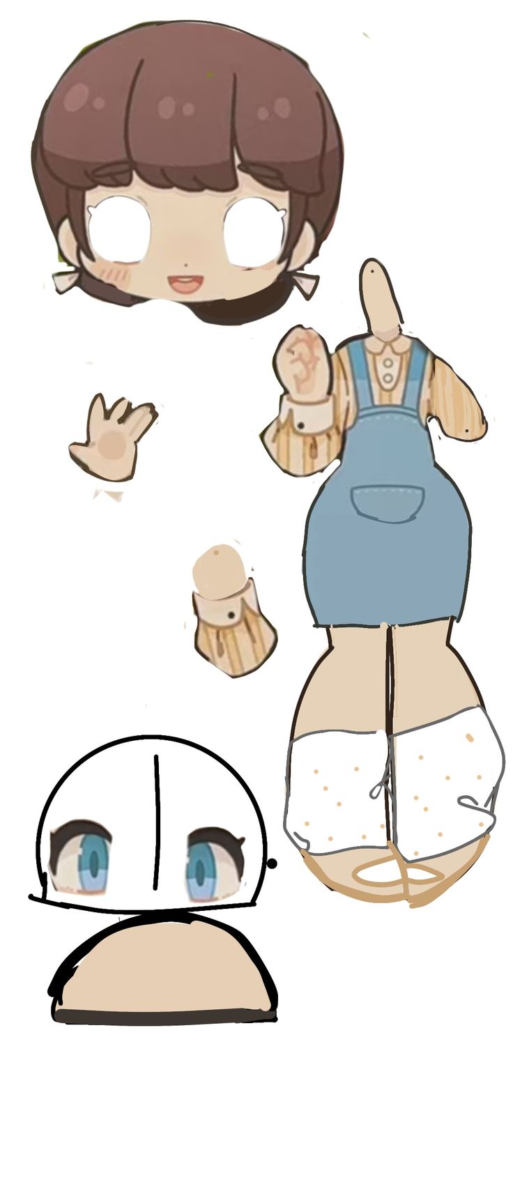 the paper doll is wearing overalls and holding her hands up in front of her face