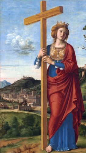 a painting of a woman holding a cross