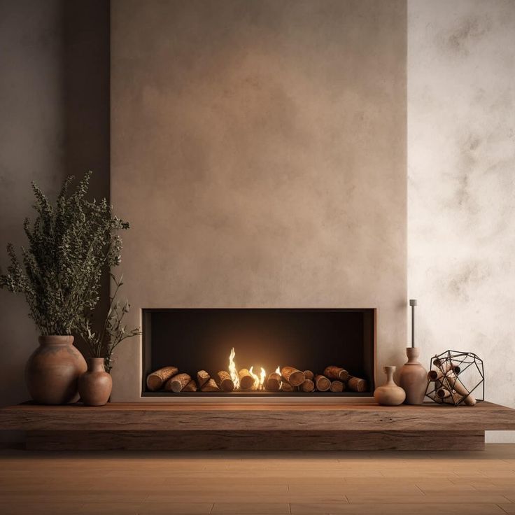 a living room with a fire place and two vases on the table next to it