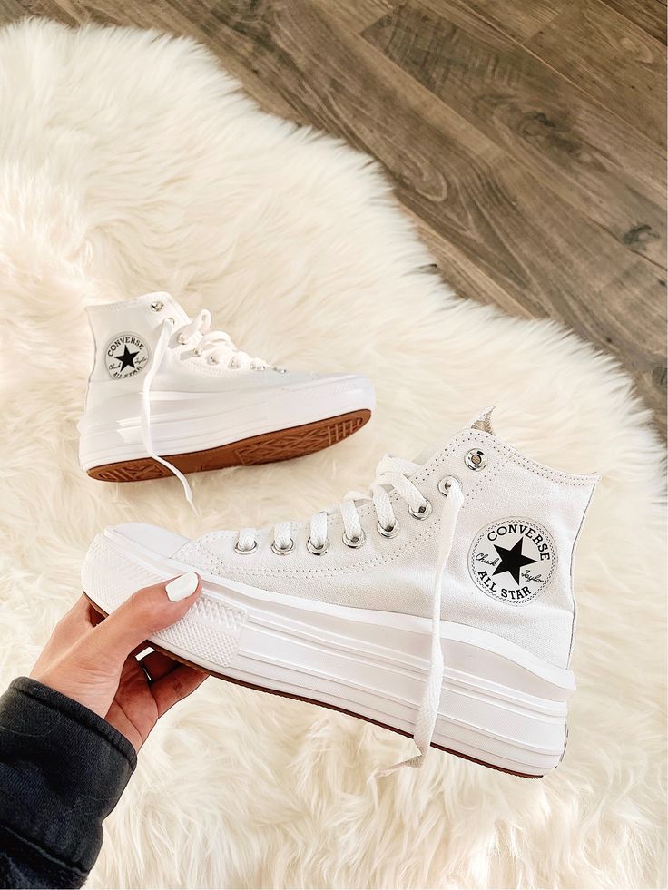 White Platform High Top Converse Chuck Taylors | ByMollyLove White Platform Converse Wedding, Womens Platform Converse, White Converse Platform High Tops, White Converse Outfit High Top Platform, High Top Converse Outfits White, Cute High Tops, White High Converse, White High Tops Outfit, Converse High Tops Platform