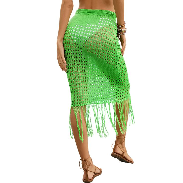 Green Hollow-out Tasseled Beach Cover Skirt Bohemian Green Beach Skirt, Bohemian Green Skirt For The Beach, Casual Beach Skirt For Beach Season, Casual Green Skirt For Beach Season, Summer Beach Party Bottoms With Tassels, Beach Skirt For Summer, Green Skirt Bottoms For Beach, Summer Beach Bottoms With Tassels, Green Beach Skirt For Summer