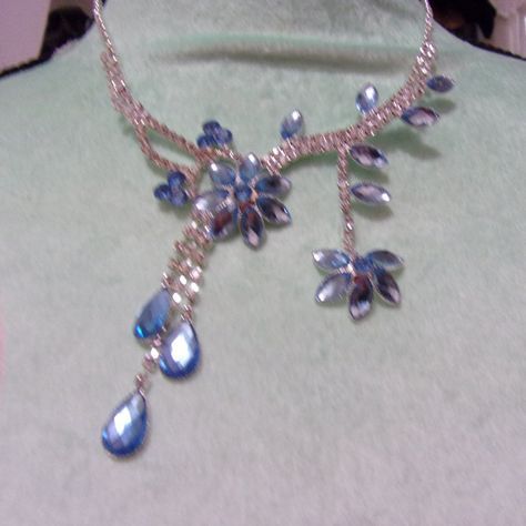 Nwt: Blue Flowers , Blue Teardrops And Blue Cat Eyes, All On A Necklace Of Clear Crystals, 16" Long Clear Crystal Necklace, Blue Cats, Cat Eye, Clear Crystal, Blue And Silver, Blue Flowers, Crystal Necklace, Crystals, Flowers