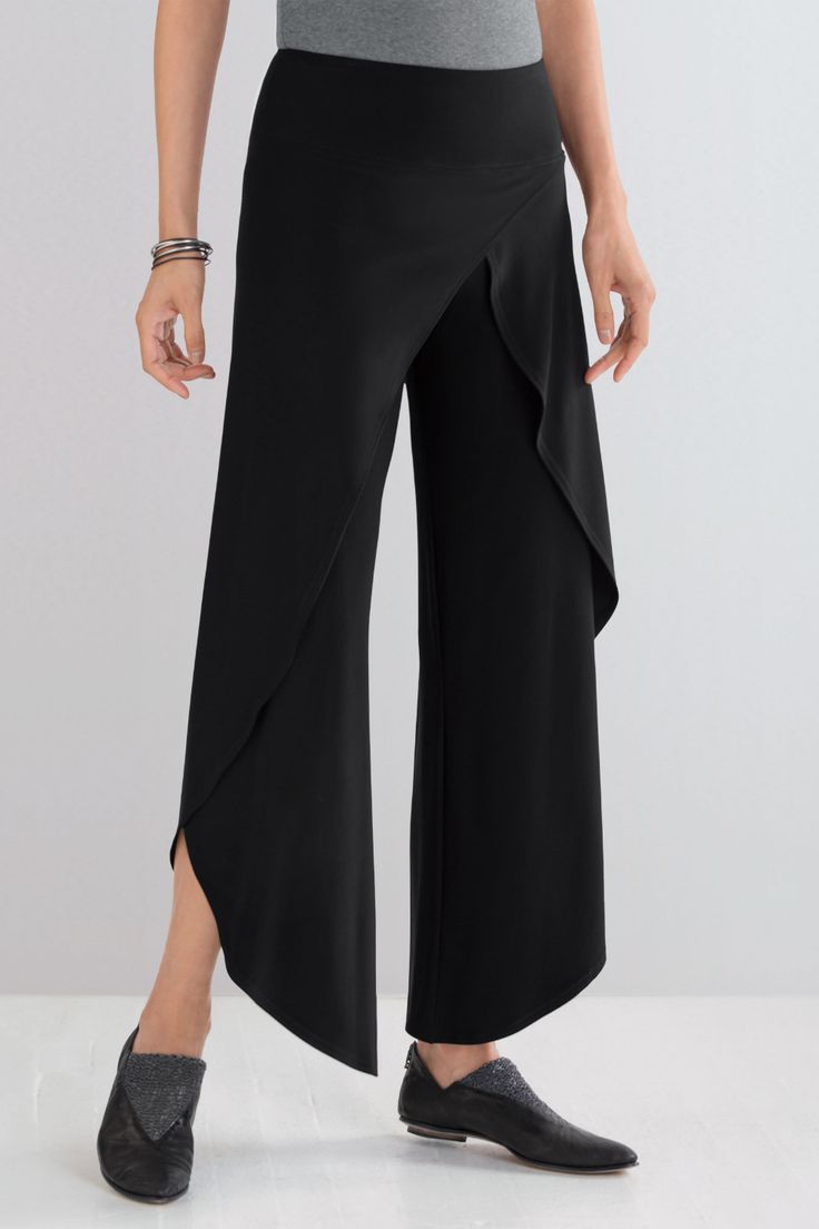 Rapt Pant by Sympli. Versatile yet far from basic, this flattering pant combines the allure of a wrap pant and the easy wearability of a slip-on style. Bold details add artistry to a breathable, wrinkle-free fabric that is especially great for travel. Chic Pants With Asymmetrical Hem, Chic Asymmetrical Hem Pants, Versatile Workwear Bottoms With Asymmetrical Hem, Elegant Wide-leg Pants With 4-way Stretch, Elegant Asymmetrical Hem Work Pants, Versatile Fitted Bottoms With Asymmetrical Hem, Elegant Bottoms With Asymmetrical Hem, Plus Size Palazzo Pants, Plus Size Palazzo