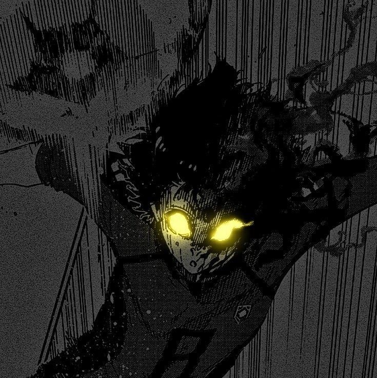 an anime character with glowing yellow eyes and black hair, standing in front of a wall