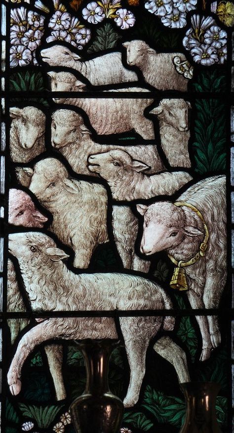 a stained glass window with sheep and flowers in the background, depicting three lambs