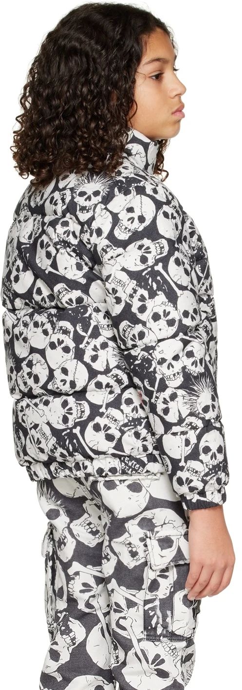 Kids Black Skull Down Jacket by ERL | SSENSE Cotton Fall Outerwear With Skull Print, Long Sleeve Cotton Outerwear With Skull Print, Cotton Long Sleeve Outerwear With Skull Print, Cotton Outerwear With All Over Print For Fall, Black Skull, Black Skulls, Kids Black, Black Model, Duck Down