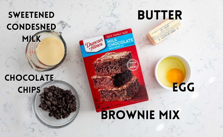 ingredients needed to make chocolate brownie mix on a marble counter top with text describing the ingredients