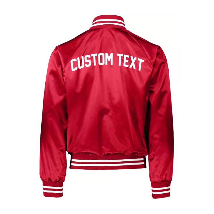 Customize your own red varsity jacket!  1. Choose font type 2. Choose font color 3. Choose what you want it to say **Please list the above in the notes section at checkout! Contact me with question as well. 100% polyester NOTE: Be very specific when listing how you want the text, layout and any punctuation on your item. For instance, if you would like it on multiple lines versus one line, let us know (order notes come over as a run-on sentence so we don't know unless you specifically communicate Collegiate Red Hooded Outerwear, Sporty Red Outerwear For College, Collegiate Red Varsity Jacket With Long Sleeves, Collegiate Red Long Sleeve Varsity Jacket, Collegiate Red Outerwear With Letter Print, Red Varsity Jacket With Baseball Collar For Sports Events, Red Collegiate Outerwear With Letter Print, Varsity Red Track Jacket For Streetwear, Red Baseball Collar Outerwear For Sports Events