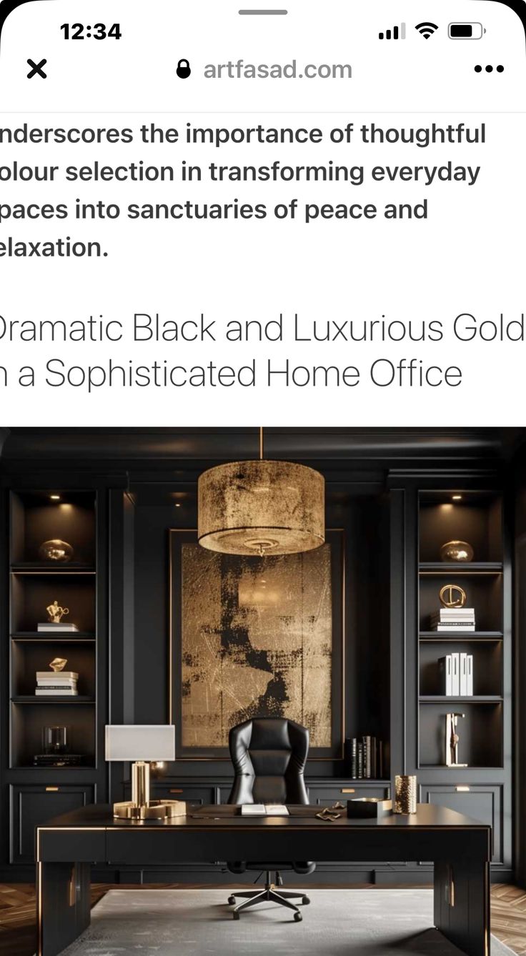 a black and luxurious office with gold accents