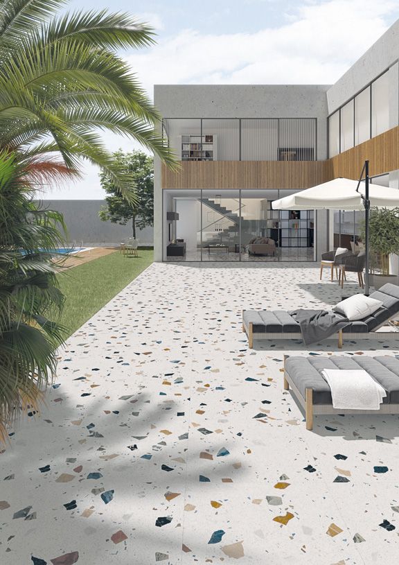 an artist's rendering of a beach house with chaise lounges and palm trees