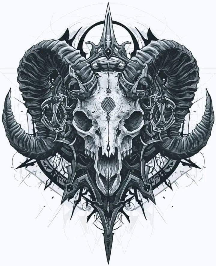 a drawing of a horned skull with horns on it's head and an inverted design