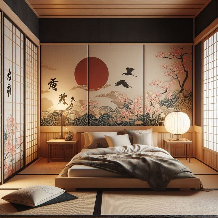 Japanese Bedroom Japanese-Inspired Textile Japanese Rooms Bedrooms, Japanese Room Interior, Asian Maximalism, Japanese Inspired Interior Design, Japan Room Ideas, Tropical Interior Design Bedroom, Japan Style Bedroom, Japanese Design Interior, Japanese Inspired Room