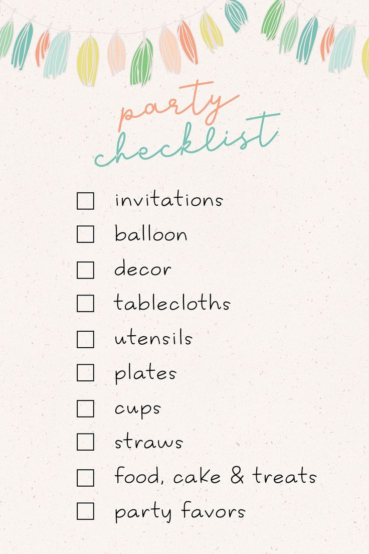 a party checklist with balloons and confetti on the top, in pastel colors