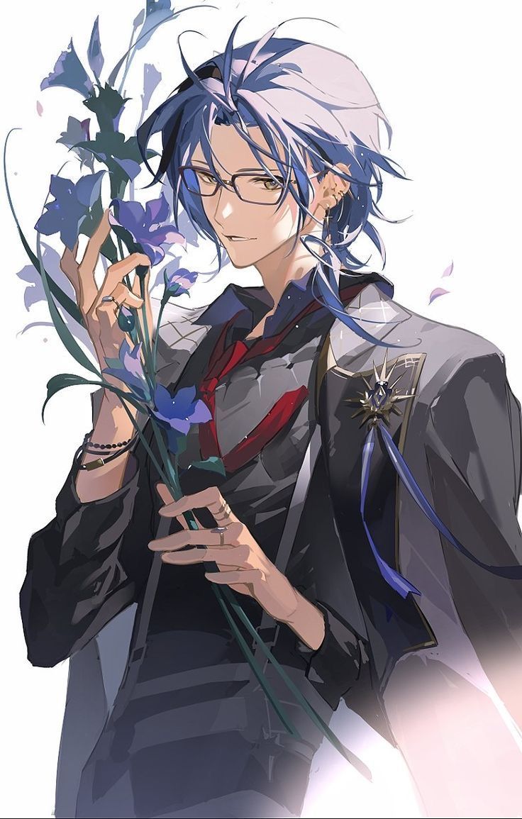 an anime character holding flowers in his hand