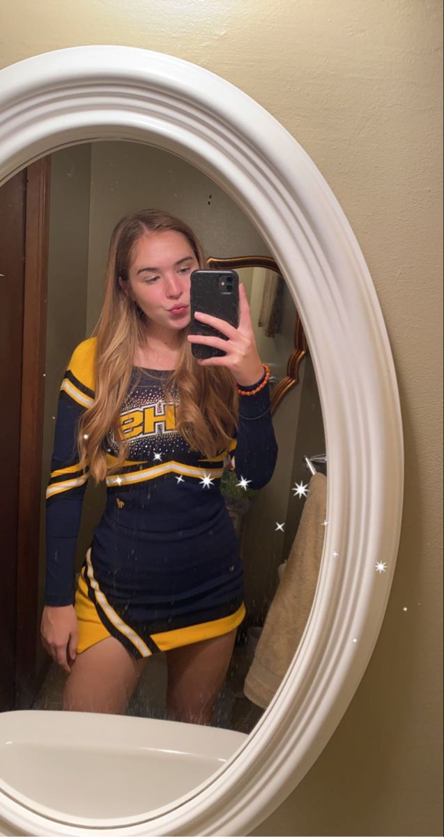 Dance Uniforms High School, Long Sleeve Cheer Uniforms, Blue And Gold Cheer Uniforms, Blue And Yellow Cheer Uniform, Cheerleading Uniforms High School, Cheer Uniform High School, High School Cheer Uniforms, School Cheer Uniforms, White Cheerleader Uniform