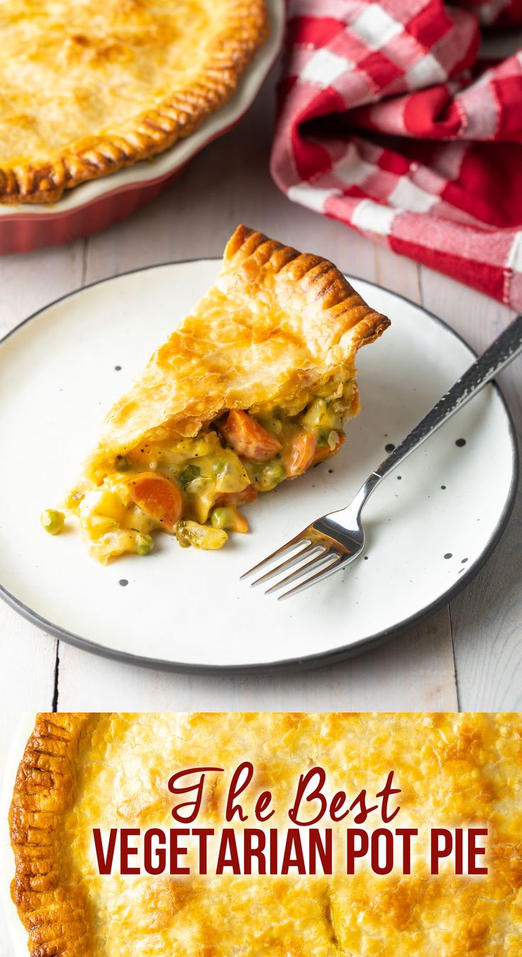 the best vegetarian pot pie is on a plate with a fork