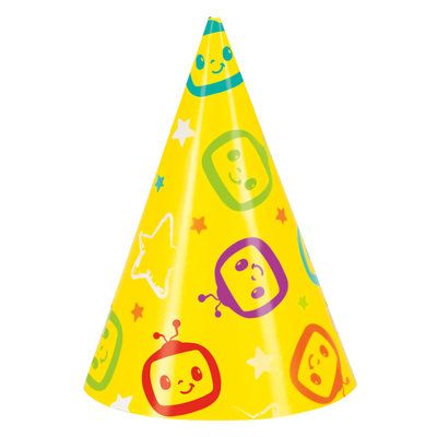 a yellow party hat with cartoon faces on it's side and stars around the edges