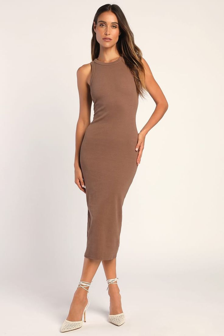 Taupe Bodycon Dress - Bodycon Midi Dress - Sleeveless Bodycon - Lulus Ribbed Bodycon Midi Dress, Stylish Maxi Dress, Tight Dress Outfit, Black Lace Midi Dress, Maternity Midi Dress, Maxi Dress Outfit, Bodycon Dress With Sleeves, Ribbed Dress, Corpse Bride