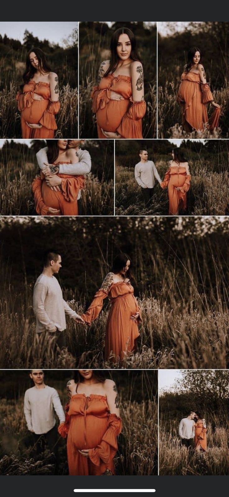 a woman in an orange dress is holding her husband's hand while they are walking through tall grass