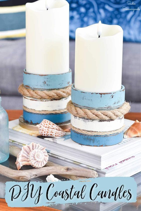 diy coastal candle holders with rope and seashells