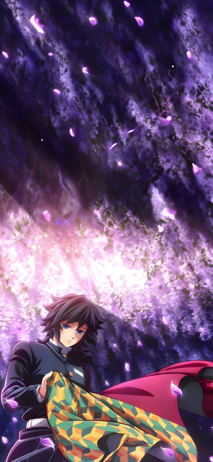 an anime character is standing in front of a purple sky with stars and clouds behind her