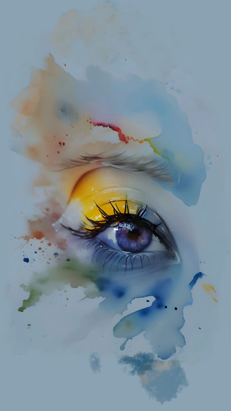 an eye with watercolor paint on it and the iris looking up at the viewer