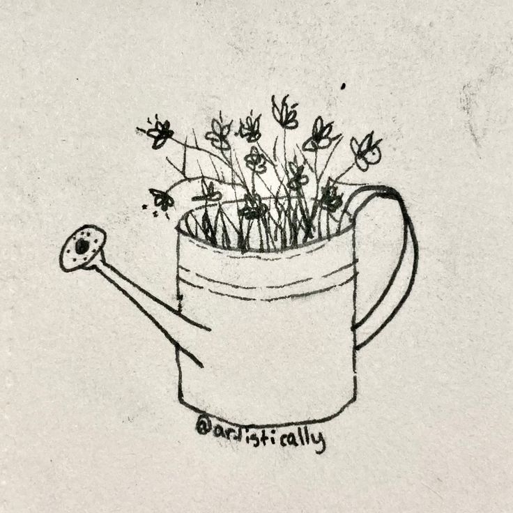 a drawing of a watering can with flowers in it