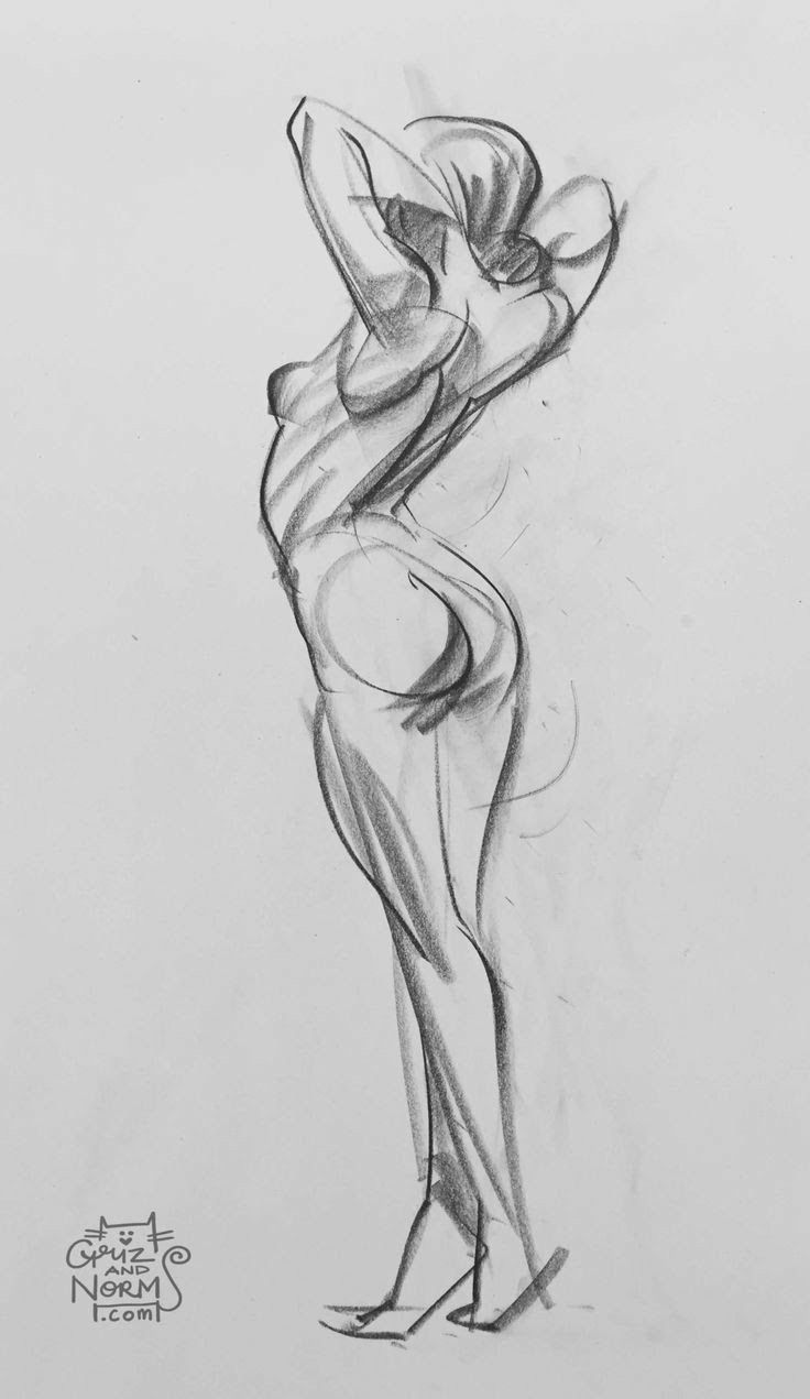 a pencil drawing of a woman with her arms behind her head and hands on her hips