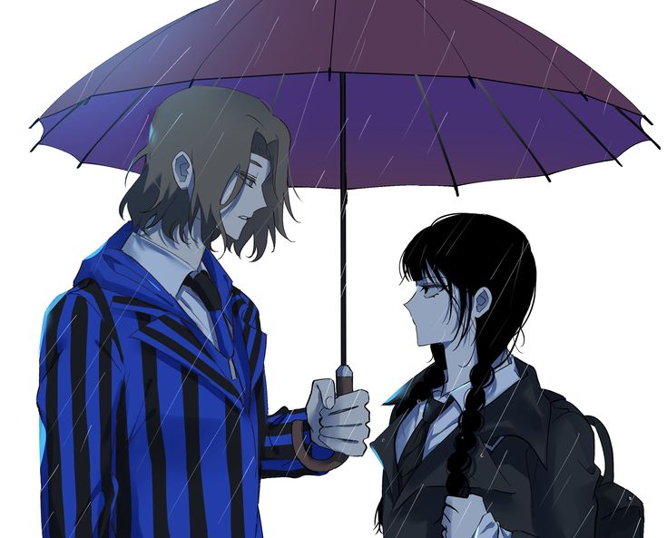 two people are standing under an umbrella in the rain, one is holding another person's hand