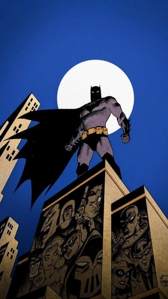 batman standing on top of a building with the moon in the sky behind it and buildings below