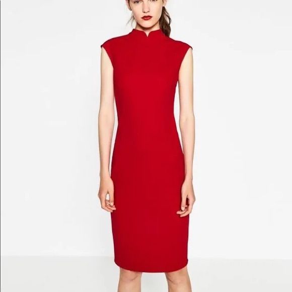 Nwt Red Midi Body Con Dress From Zara! I Bought It For A Banquet And Decided In Something Else. Elegant Red Stretch Midi Dress, Elegant Red Stretch Dress, Red Stretch Midi Dress, Elegant Red Stretch Mini Dress, Red Knee-length Bodycon Dress, Chic Red Sheath Bodycon Dress, Red High Neck Mini Dress For Spring, Red High Neck Summer Dress, Red High Neck Dress For Summer