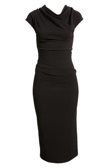 Rippled ruching shapes this sleek, sophisticated dress designed with a drapey cowl neck and slight sleeves. Cowl neck Cap sleeves Lined 95% rayon, 5% spandex Dry clean Made in the USA Elegant Elastane Bodycon Dress With Ruched Bodice, Elegant Bodycon Dress With Ruched Bodice, Chic Elastane Bodycon Dress With Ruched Back, Chic Bodycon Dress With Ruched Back, Elegant Formal Bodycon Dress With Ruched Back, Black Midi Dress With Ruched Bodice For Work, Fitted Ruched Midi Dress For Work, Chic Bodycon Dress With Ruched Bodice, Sleek Ruched Elastane Dresses