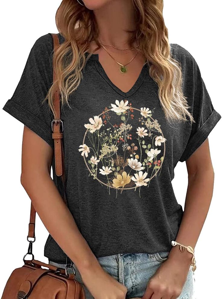 PRICES MAY VARY. Womens Vintage Flowers V Neck Shirt Boho Floral Wildflowers Graphic Tee Casual Cottagecore Short Sleeve T Shirt Botanical Tee Wildflowers Shirts Garden Lover Top Soft Material: The fabric of flowers shirt outfits for women is comfortable soft and breathable very comfortable to wear in winter stretchy and hand washable or machine washable suitable for all women Features: Vintage flowers v neck shirt for women, inspiring printed shirts for girl, cute cottagecore short sleeve t shi Streetwear Office, Casual Cottagecore, Neck Flower, Flower Print Shirt, Vintage Flower Prints, V Neck Shirt, Cute Graphic Tees, Floral Graphic, Boho Shirts