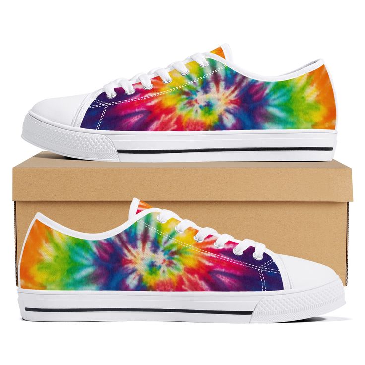 CHRISTMAS ORDERS: Please note orders placed today will not arrive before Christmas. A unique and original pair of high quality, canvas tie dye sneakers with rainbow tie dye print. These custom sneakers are printed canvas with rounded toe and lace-up closure for a snug, comfortable fit. Eyelets are metal for that classic look. The sneakers feature a soft textile lining with lightweight construction for maximum comfort and high-quality outsole for traction and exceptional durability. Please note, Rainbow Low-top Custom Sneakers For Streetwear, Rainbow Low-top Sneakers For Streetwear, Trendy Multicolor Canvas Sneakers, Rainbow Custom Sneakers For Streetwear, Multicolor Low-top Custom Sneakers For Skateboarding, Multicolor Canvas Sneakers For Summer, Multicolor Cotton Sneakers For Streetwear, Multicolor Cotton Canvas Shoes With Round Toe, Multicolor Cotton Canvas Shoes For Spring