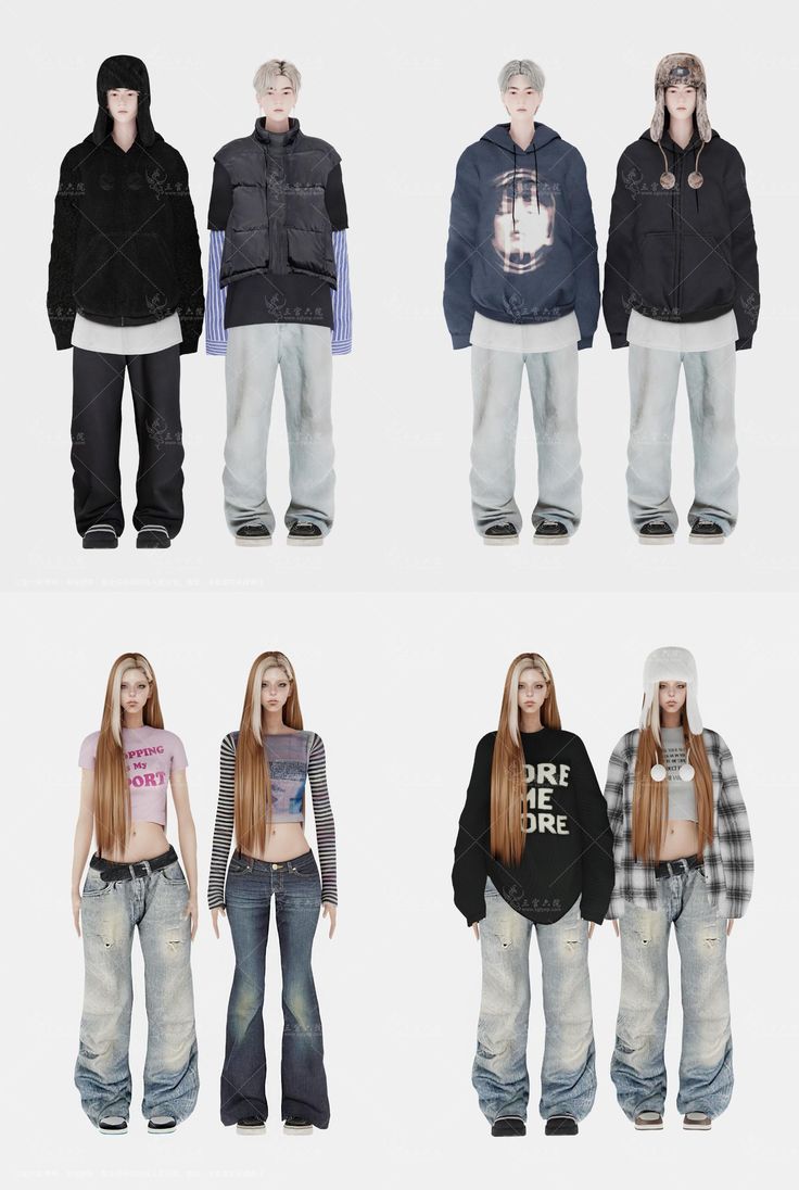 four different poses of people wearing hoodies and sweaters, all with long hair