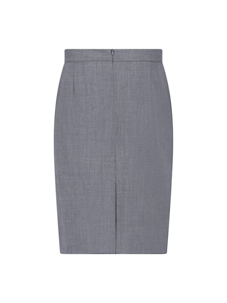 Nili Lotan "Pippa" skirt in gray wool blend with back zipper closure, central back split, and straight hem. Composition: 53% Polyester, 43% Virgin Wool, 4% Elastane Gray Knee-length Bottoms For Workwear, Gray Knee-length Workwear Bottoms, Gray Pencil Skirt Bottoms For Office, Fitted Office Skirt With Concealed Fastening, Gray Lined Skirt For Work, Elegant Gray Pencil Skirt For Workwear, Gray Skirt For Work, Gray Pencil Skirt For Workwear, Gray Pencil Skirt For Work